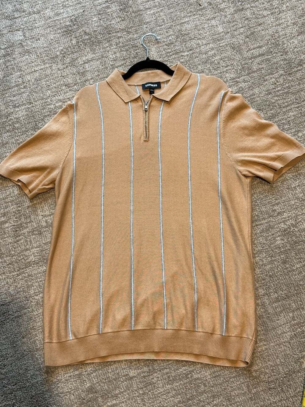 EXPRESS Men's Beige Vertical Striped Half-Zip Knit Polo Shirt Size L
